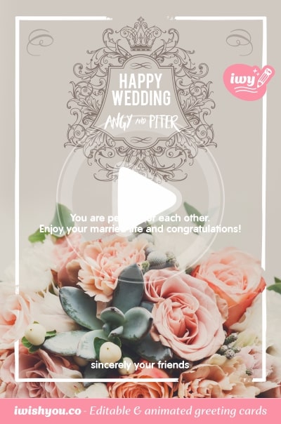 Happy Wedding Day greeting card 2021 (with editable text and animation) pink and apricot peonies on silver background with congratulative inscription - Photo