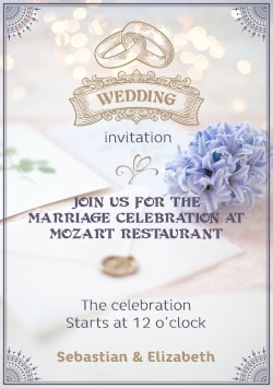 Wedding Invitation card template 2021 (with editable text and animation) gold engagement rings, blue flowers, envelope and text on lustrous white background - Picture