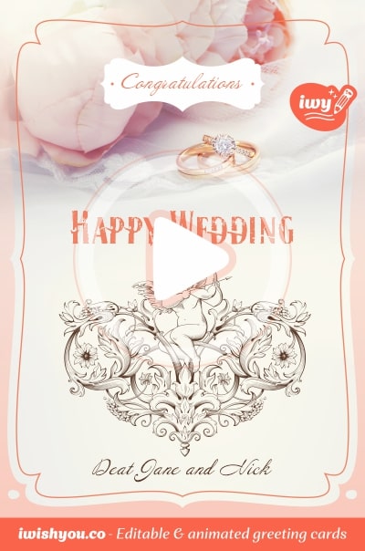 Pink & Apricot Happy Wedding Day greeting card 2021 (with editable text and animation) roses, golden rings, cupid angel - Picture