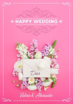 Happy Wedding Day greeting card 2021 (with editable text and animation) flowers and white envelope on pink background - Photo