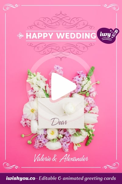 Happy Wedding Day greeting card 2021 (with editable text and animation) flowers and white envelope on pink background - Photo