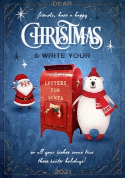 Cartoon Merry Christmas 2021 greeting card drawing (with editable text and animation) blue background, drawn santa claus, polar bear, letters and mailbox - Drawing