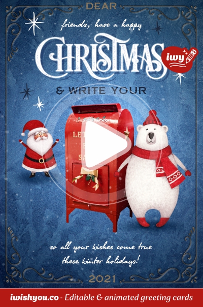 Cartoon Merry Christmas 2021 greeting card drawing (with editable text and animation) blue background, drawn santa claus, polar bear, letters and mailbox - Drawing