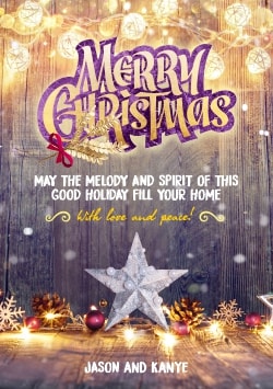 Purple & Gold Merry Christmas 2021 greeting card (with editable text and animation) silver star surrounded by decorations, cones, garland lights & snowflakes