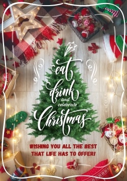 Merry Christmas greeting card 2021 (with editable text and animation) Christmas Tree, decorations, garlands, lights, stockings, star - Photo