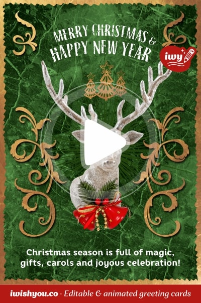 Green Merry Christmas 2021 & Happy New Year 2022 greeting card (with editable text and animation) deer, red bells, golden patterns and trees - Image