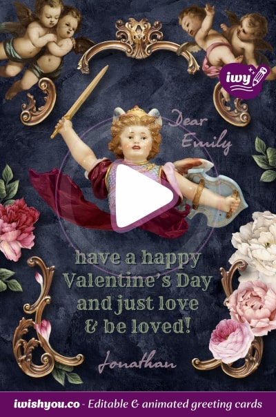 Dark Blue & Golden Happy Valentine's Day 2021 greeting card (with editable text and animation) cupid angel in armor with sword & shield, pink flowers, gold frames