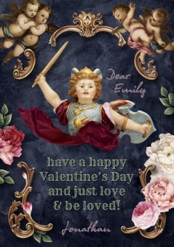Dark Blue & Golden Happy Valentine's Day 2021 greeting card (with editable text and animation) cupid angel in armor with sword & shield, pink flowers, gold frames