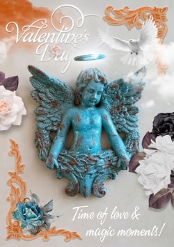 Happy Valentine's Day 2021 greeting card (with editable text and animation) blue cupid angel with halo, dove, orange clouds and white flowers - Image