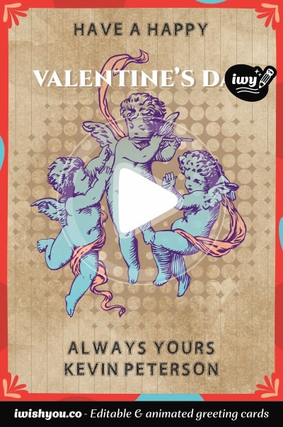Brown Happy Valentine's Day 2021 greeting card (with editable text and animation) three cupids with Anicent Greek capes, red frame & greeting - Picture