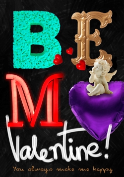 Black Happy Valentine's Day greeting card 2021 (with editable text and animation) with creative «Be My Valentine» inscription composed of turquoise B, gold E, red neon M & purple ballon