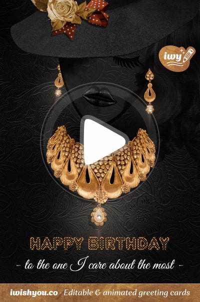 Black & Gold Happy Birthday greeting card 2021 (with editable text and animation) elegant pictured woman wearing golden necklace, earring and hat - Image