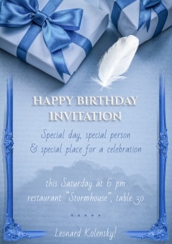 Blue Birthday invitation card template 2021 (with editable text and animation) in official style with blue gifts and white feather - Image