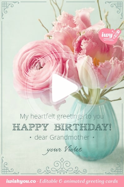 Turquoise Happy Birthday Greeting Card 2021 (with editable text and animation) pink peony and tulip flowers, turquoise vase and text - Photo
