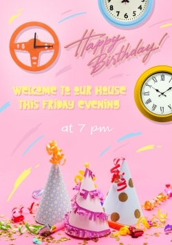 Pink Multicolor Birthday invitation template 2021 (with editable text and animation) party hats & horns, confetti, gaming wheel, colorful clocks - Image