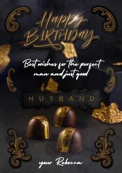 Black and Gold Happy Birthday greeting card 2021 (with editable text and animation) chocolate candies, golden patterns and text - Image