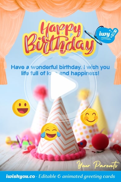 Multicolor Happy Birthday greeting card 2021 (with editable text and animation) emoji, party hats, butterfly, confetti, blue background - Picture