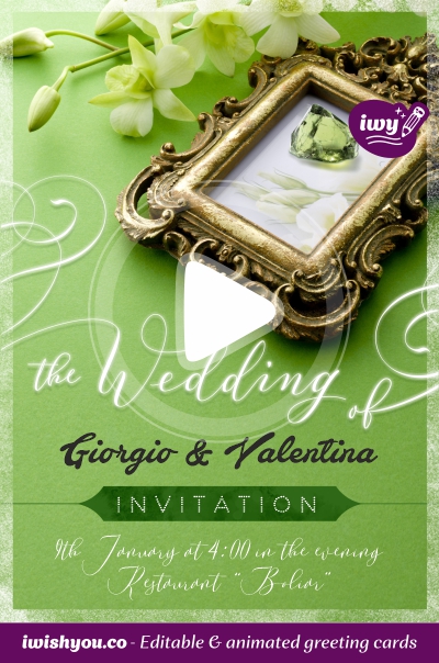 Green Wedding Invitation card template (with editable text and animation) white flowers, baroque style gold mirror with emerald stone on it