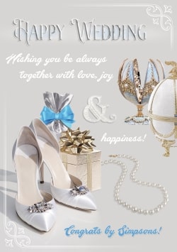 White Happy Wedding Day greeting card (with editable text and animation) gold & silver gifts, bridal shoes, two faberge eggs, pearls - Image