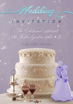 Wedding Invitation card template (with editable text and animation) purple background with wedding cake, bride & groom figurines, two drinks