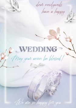White Happy Wedding Day greeting card 2021 (with editable text and animation) white deer figurine on background, silver rings, birds, flowers - Photo