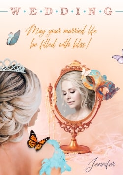 Happy Wedding Day greeting card (with editable text and animation) bride in dress & tiara is reflected in luxury mirror & surrounded by butterflies