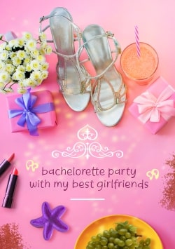 Bridal Shower/Bachelorette Party invitation card (with editable text and animation) pink background with gifts, women's shoes, lipstick, flowers & drink