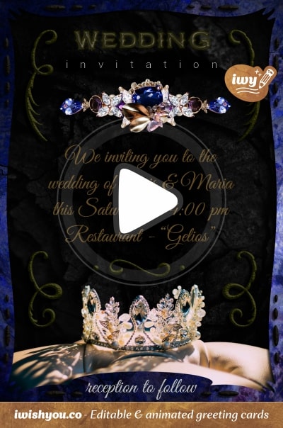 Wedding Invitation card template (with editable text and animation) black & blue background, crown on pillow, jewelry, gold text - Image