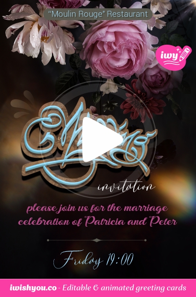 Black Wedding Invitation card template (with editable text and animation) different flowers illuminated by midnight lights - Picture