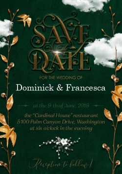 Dark Royal Green Wedding Invitation card template 2021 (with editable text and animation) textured background, gold branches, birds & clouds - Image