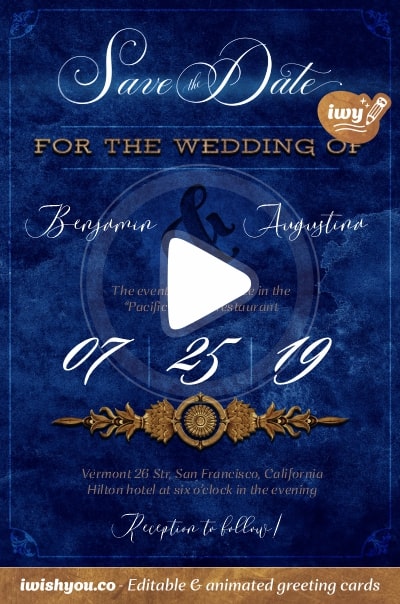 Blue Wedding Invitation card template 2021 (with editable text and animation) textured background, golden text and divider, elegant frame - Image