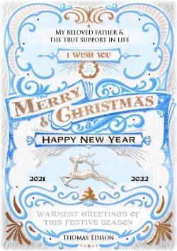 White Merry Christmas 2021 & Happy New Year 2022 greeting card (with editable text and animation) golden deer & Christmas tree, blue & silver patterns - Image