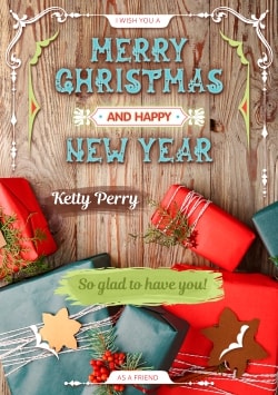 Colorful Merry Christmas 2021 & Happy New Year 2022 greeting card (with editable text and animation) red & blue gifts, spruce branches on wooden background - Picture