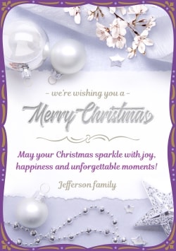 White Merry Christmas 2021 greeting card (with editable text and animation) silver decorations, stars & flowers - Picture