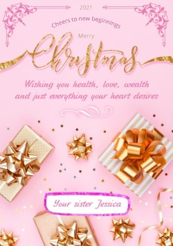 Pink Merry Christmas 2021 greeting card (with editable text and animation) gifts with gold bows, star decorations & sequins - Image