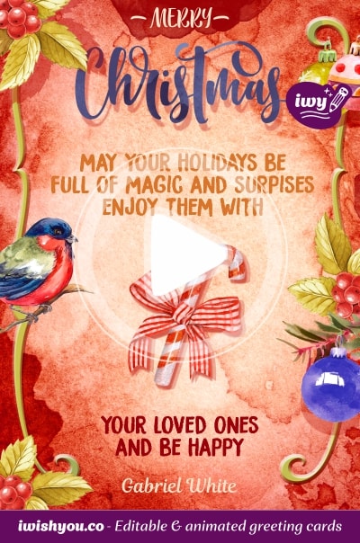 Red Merry Christmas 2021 greeting card (with editable text and animation) red painting background, decorations, christmas lollipop, bird, berries