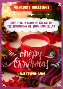 Red Merry Christmas greeting card 2021 (with editable text and animation) red cup of hot beverage, blanket, pine branches, cones - Photo