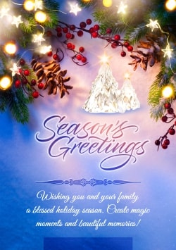 Blue Merry Christmas 2021 & Happy New Year 2022 greeting card (with editable text and animation) Season's Greetings inscription, christmas trees, lights, cones & branches - Image