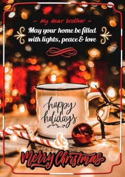 White, black & red Merry Christmas 2021 greeting card (with editable text and animation) Happy Holidays mug, Christmas lights, decorations, lollipops - Image