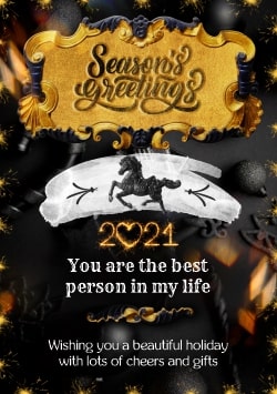 Black & Gold Merry Christmas greeting card 2021 (with editable text and animation) ornate golden Season's Greetings inscription, black decorations - Image