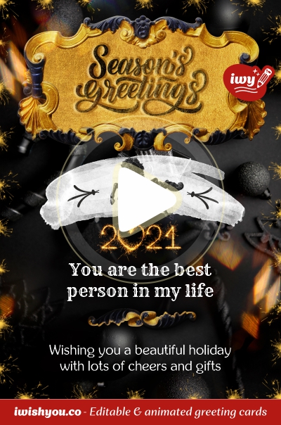 Black & Gold Merry Christmas greeting card 2021 (with editable text and animation) ornate golden Season's Greetings inscription, black decorations - Image