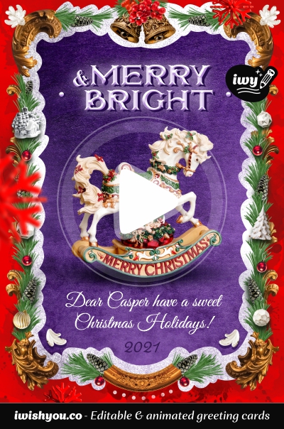 Red & Purple Merry Christmas greeting card 2021 (with editable text and animation) horse, gold, decorations, cones, branches, bells - Image