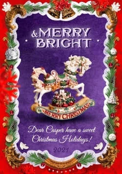 Red & Purple Merry Christmas greeting card 2021 (with editable text and animation) horse, gold, decorations, cones, branches, bells - Image