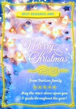 Blue & Yellow Merry Christmas greeting card 2021 (with editable text and animation) burning star candles, sparklers and decorations on snowy background - Photo