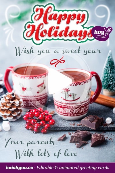 White Merry Christmas 2021 greeting card (with editable text and animation) two Christmas cups of hot chocolate surrounded by chocolate pieces, berries, cones - Picture