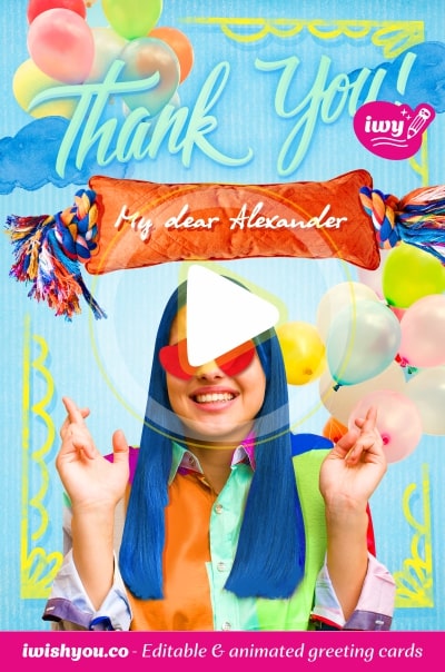 Thank You greeting card 2021 (with editable text and animation) a girl with hearts in her eyes, blue hair and colorful clothes saying thanks on multicolor background with balloons - Picture