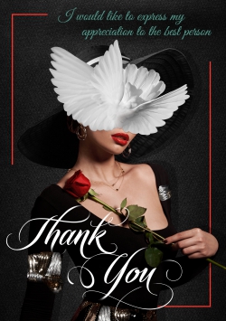 Black Thank You greeting card 2021 (with editable text and animation) nifty woman with face censored with white wings holding red rose - Photo