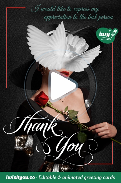 Black Thank You greeting card 2021 (with editable text and animation) nifty woman with face censored with white wings holding red rose - Photo