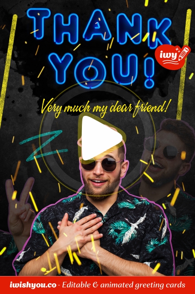 Black Thank You greeting card 2021 (with editable text and animation) a guy in sunglasses showing grateful gesture at a party with blue neon Thank You inscription - Photo