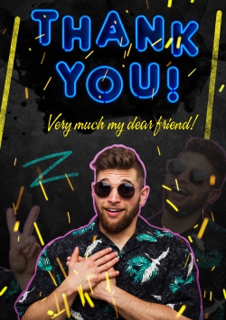 Black Thank You greeting card 2021 (with editable text and animation) a guy in sunglasses showing grateful gesture at a party with blue neon Thank You inscription - Photo